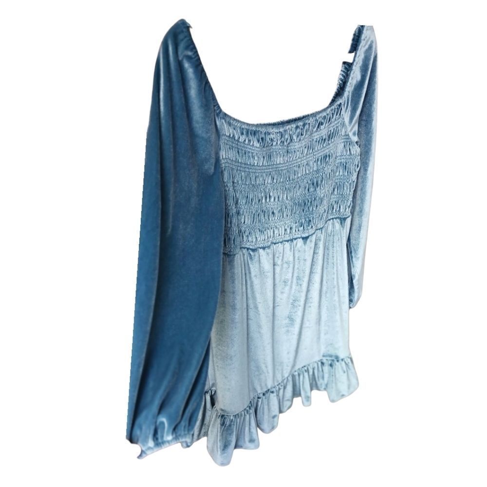 LC LAUREN CONRAD Smocked Flounce Hem LongSleeve Blue Velvet Midi dress Size M - Picture 5 of 17